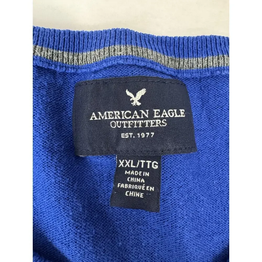 American Eagle Sweater Mens XXL Royal Blue Lightweight Logo V-Neck Pullover